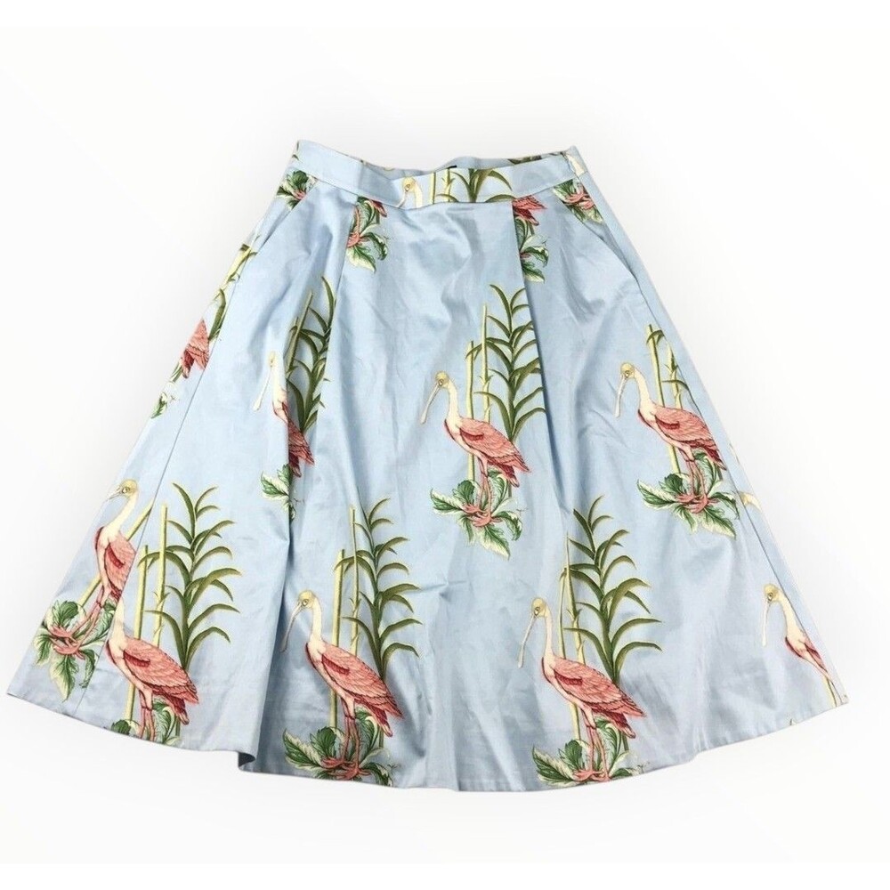 Ann Taylor Linen Flared Skirt Blue Pink Bird Print Pockets Sz 4